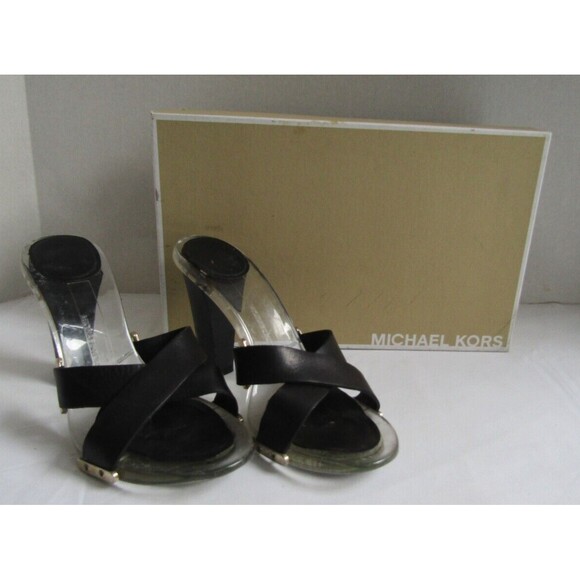Michael Kors Heels Black Leather Straps Lucite Sandals w/box Retail $398 Sz 6.5 - Picture 1 of 12